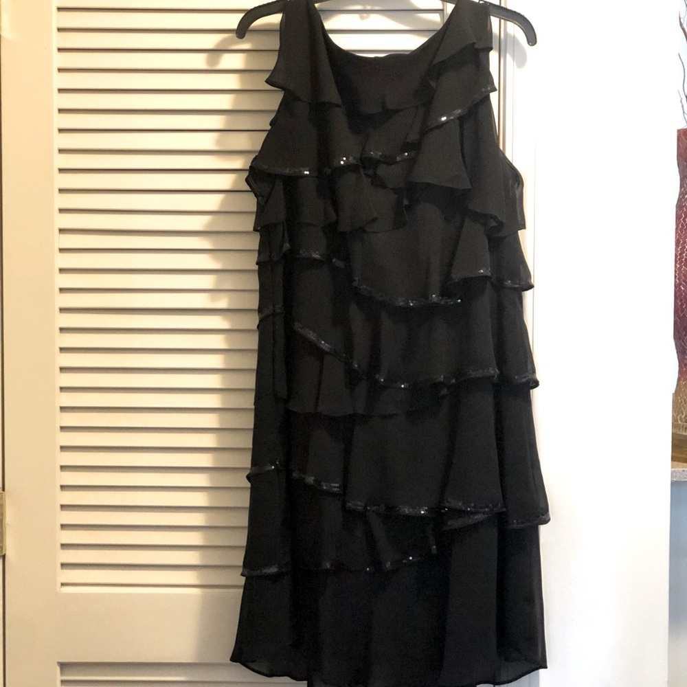 Calvin Klein black chiffon ruffle dress with sequin edges - measurements within